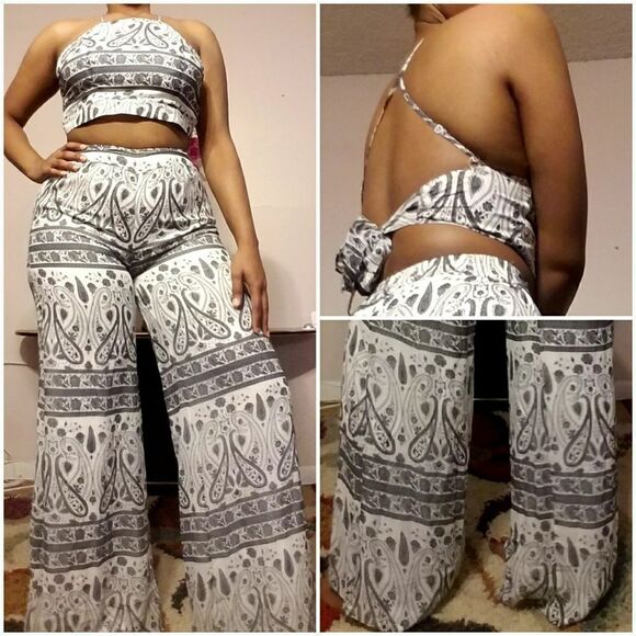 COPY - Black & White Crop Top & Wide Leg Pants Set - Picture 1 of 3